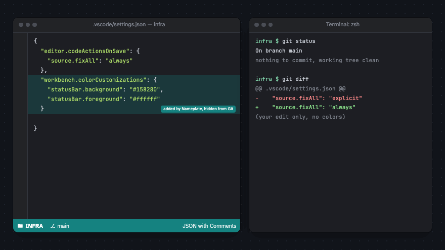 A settings file with Nameplate's color lines in it, beside a terminal where git status reports a clean working tree and git diff shows only the user's own edit.