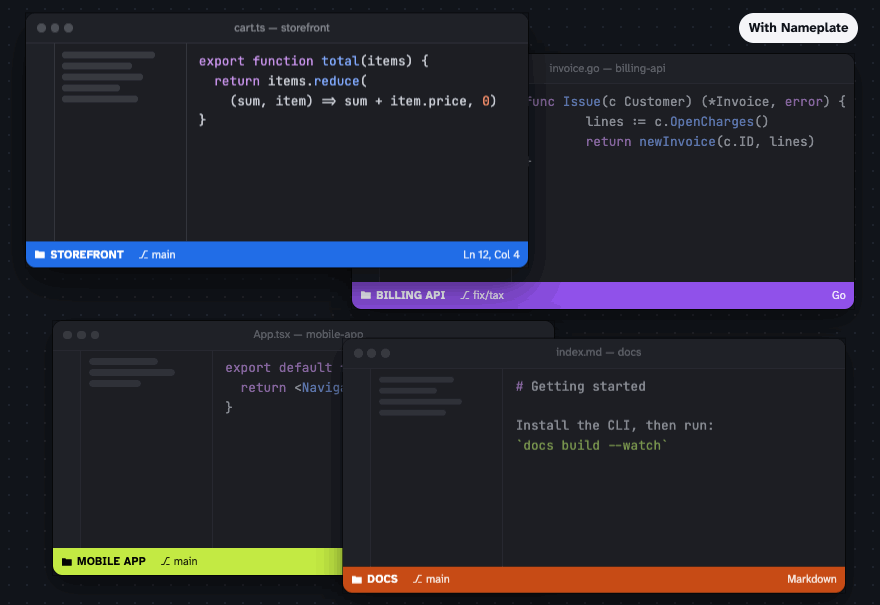 Four VS Code windows that look identical, then the same four with Nameplate: each shows its project name in a status bar of its own color.